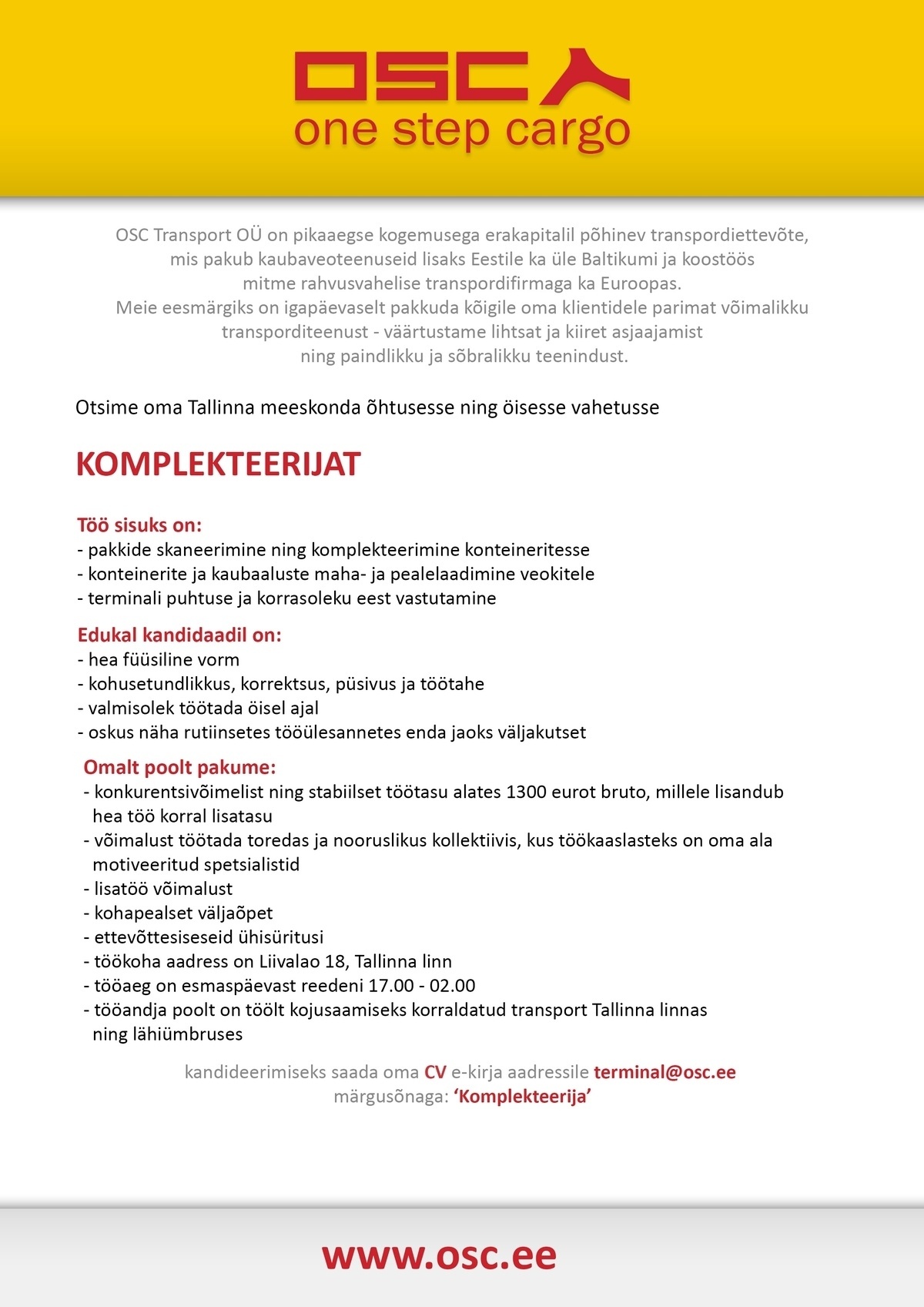 OSC TRANSPORT OÜ Laotöötaja/komplekteerija