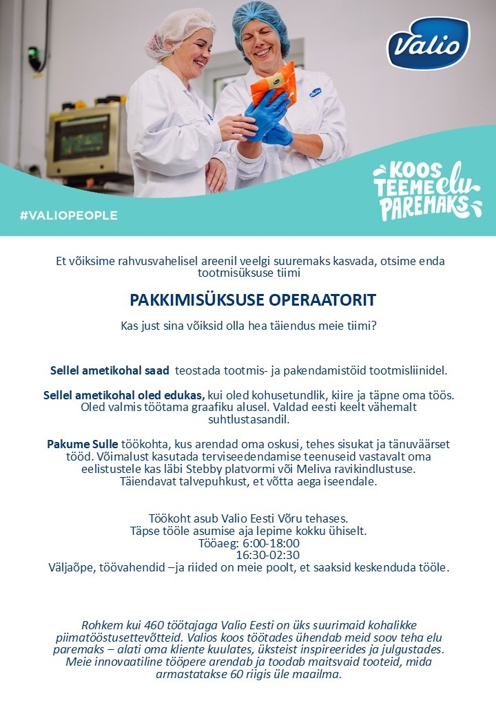 Valio Eesti AS Pakkimisükuse operaator