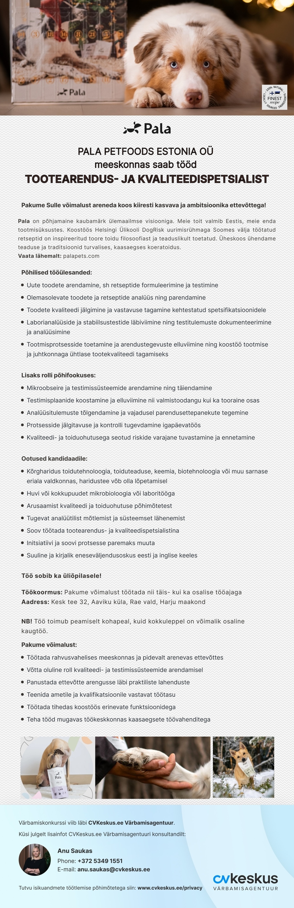 Pala Petfoods Estonia OÜ TOOTEARENDUS - JA KVALITEEDISPETSIALIST