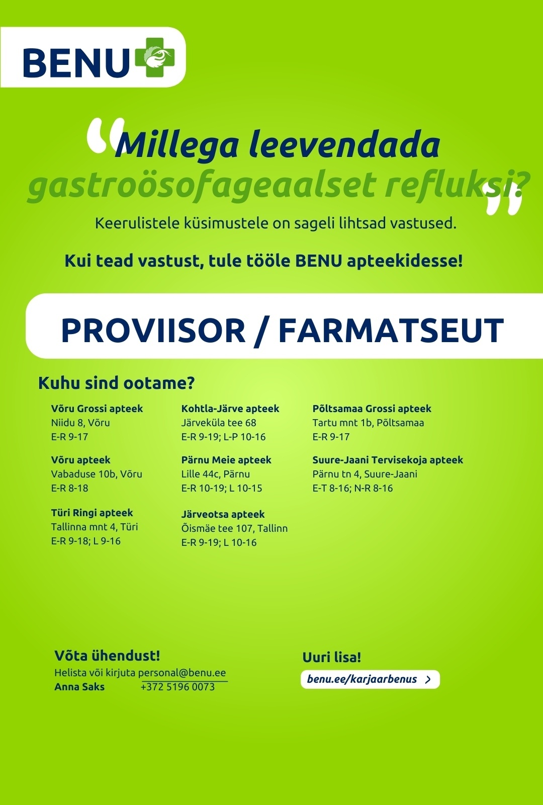 BENU Apteegid Proviisor/farmatseut BENU apteekidesse