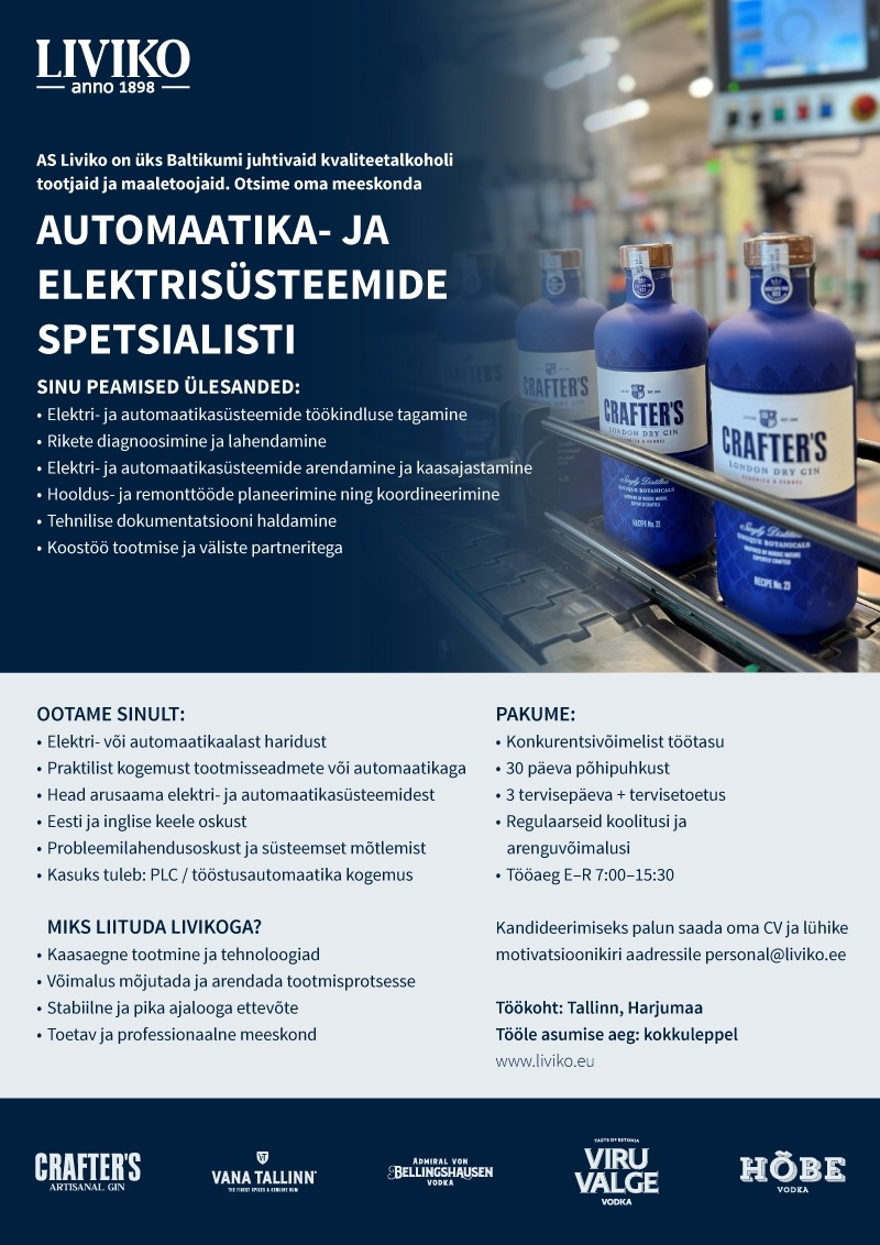 Liviko AS Automaatika- ja elektrisüsteemide spetsialist