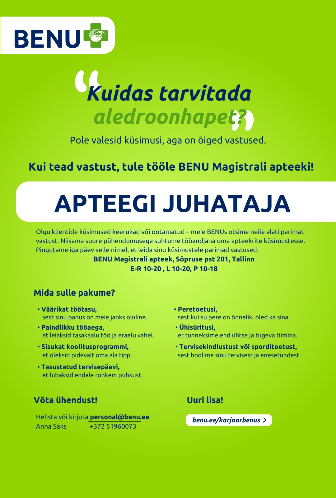 BENU Apteegid Proviisor juhataja BENU Magistrali apteeki