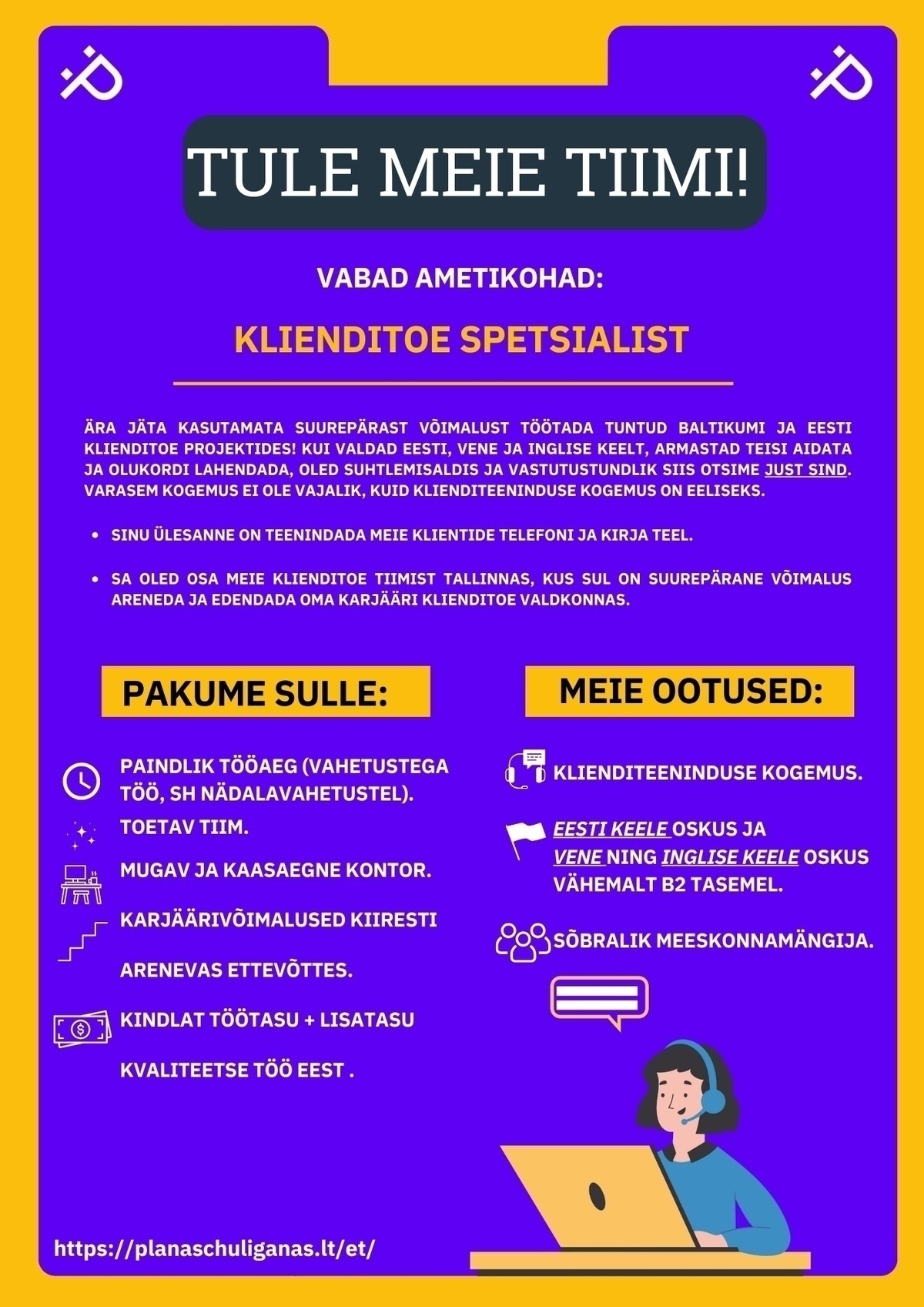 PLANAS CHULIGANAS OÜ Otsime klienditoe spetsialisti EE | RU | EN