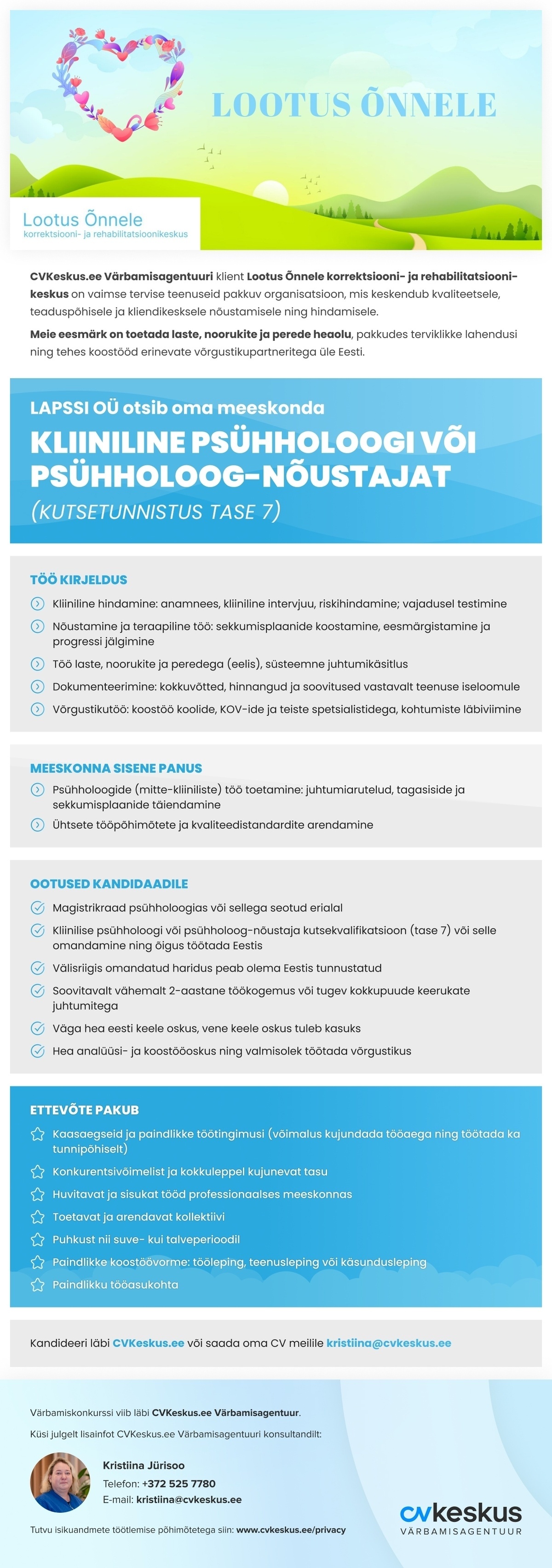 LAPSSI OÜ KLIINILINE PSÜHHOLOOG VÕI PSÜHHOLOOG-NÕUSTAJA (KUTSETUNNISTUS TASE 7)