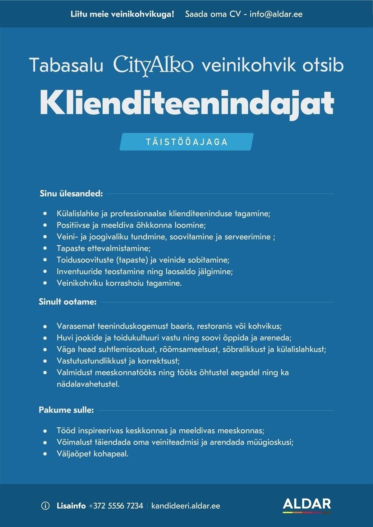 Aldar Eesti OÜ Klienditeenindaja Tabasalu CityAlko veinikohvikusse