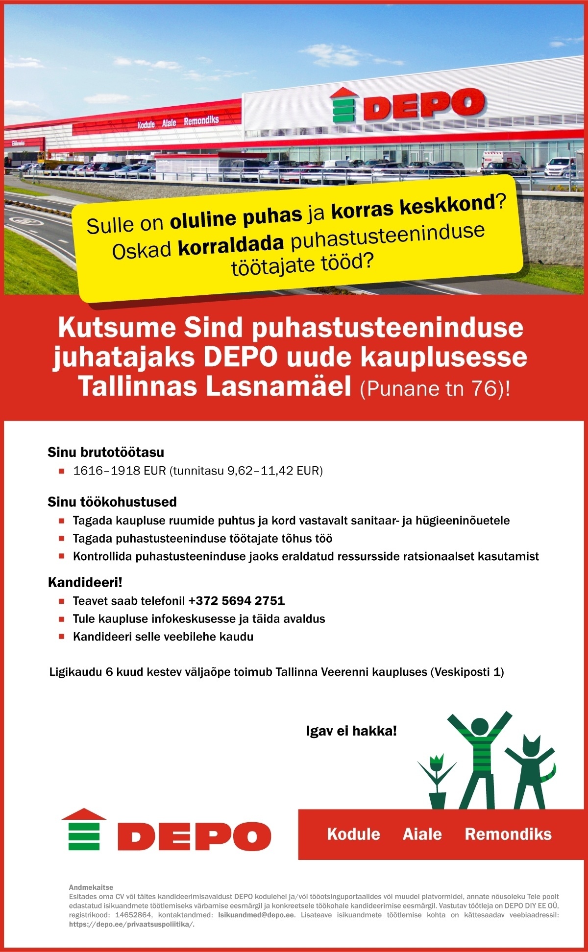 DEPO DIY EE OÜ Puhastusteeninduse juhataja, Lasnamäe (Punane tn 76)
