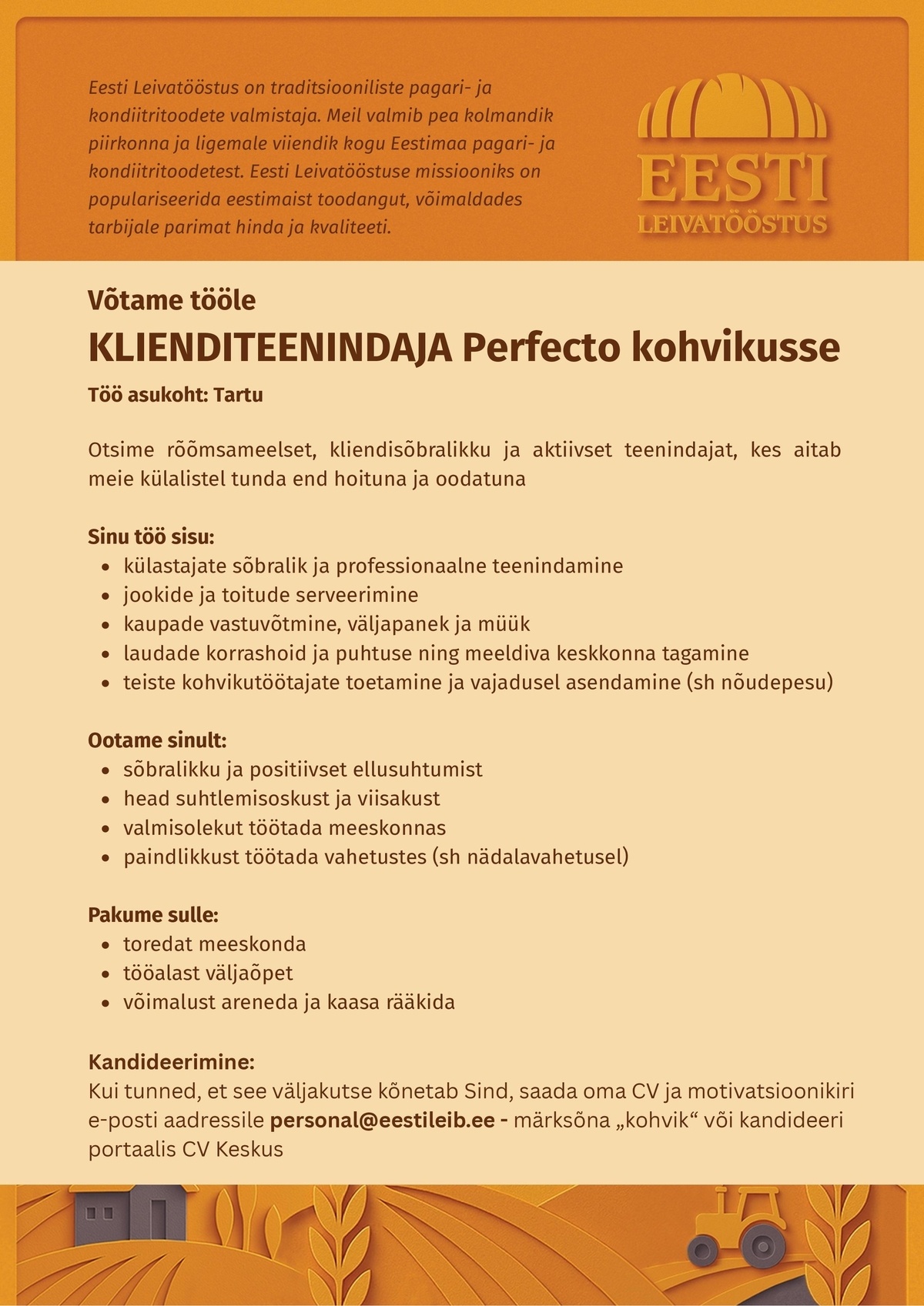 EESTI LEIVATÖÖSTUS AS Klienditeenindaja Perfecto kohvikusse