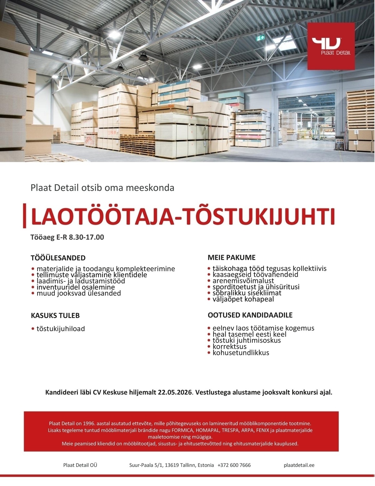 Plaat Detail OÜ Laotöötaja-tõstukijuht