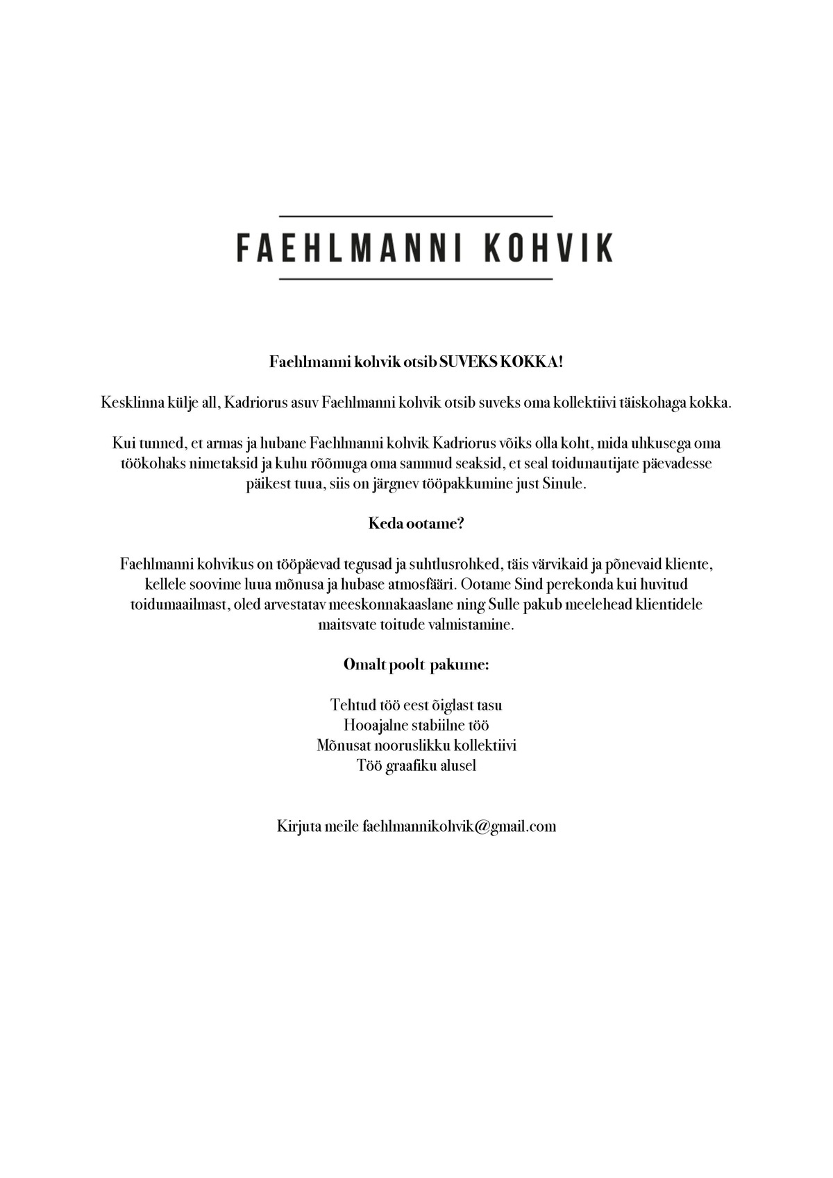 KOHVIK MOKA OÜ Kokk