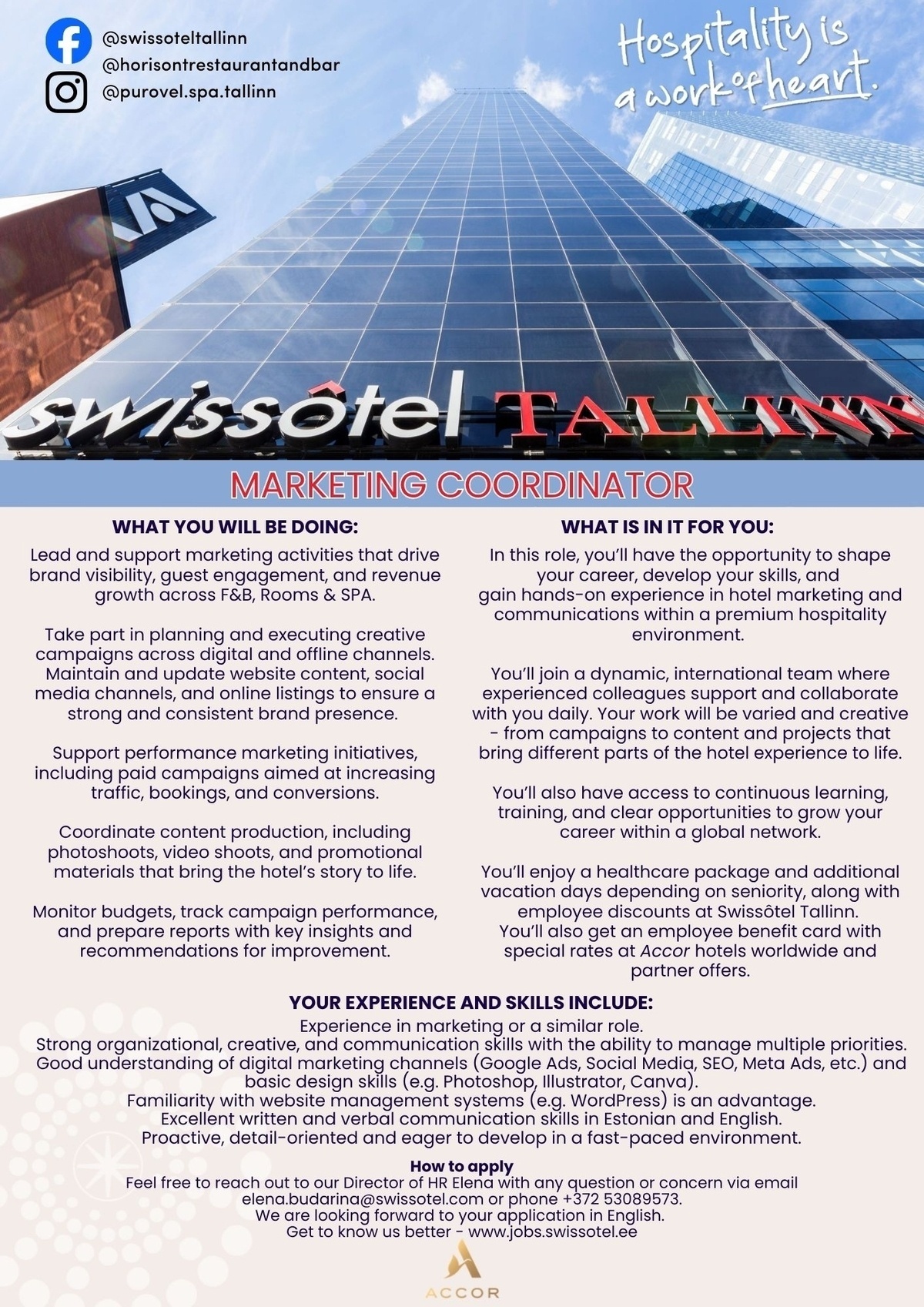 SWISSOTEL ESTONIA OÜ Marketing Coordinator
