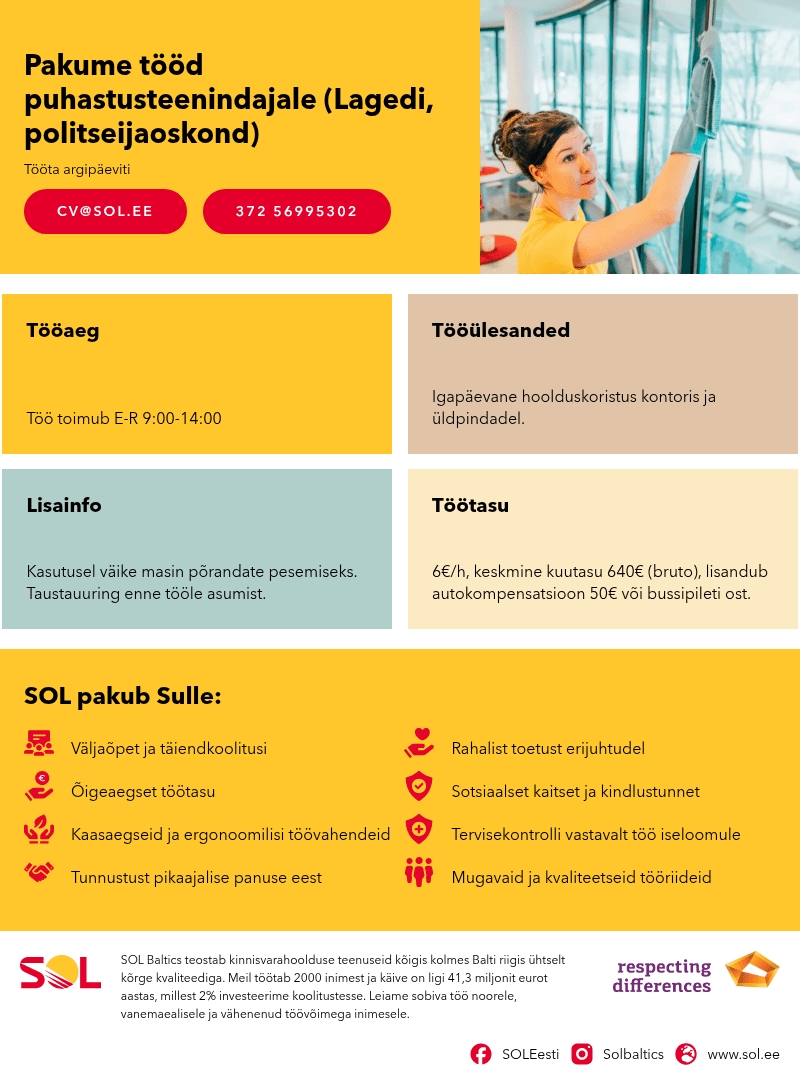 SOL Baltics OÜ Pakume tööd puhastusteenindajale (Lagedi, politseijaoskond)