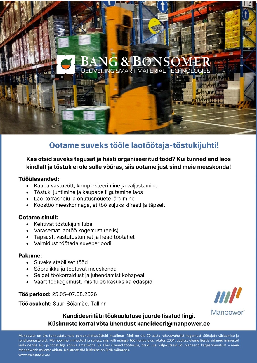 Manpower OÜ Laotöötaja-tõstukijuht (tähtajaline)