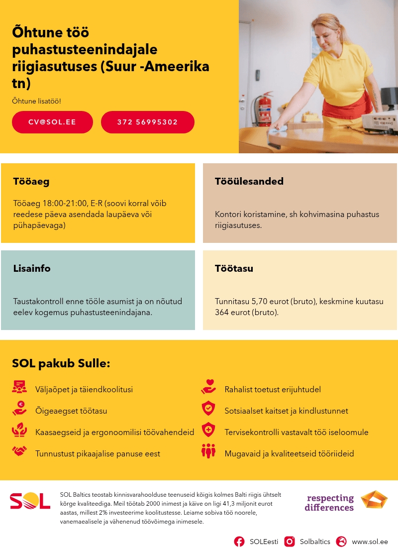SOL Baltics OÜ Õhtune töö puhastusteenindajale riigiasutuses (Suur -Ameerika tn)