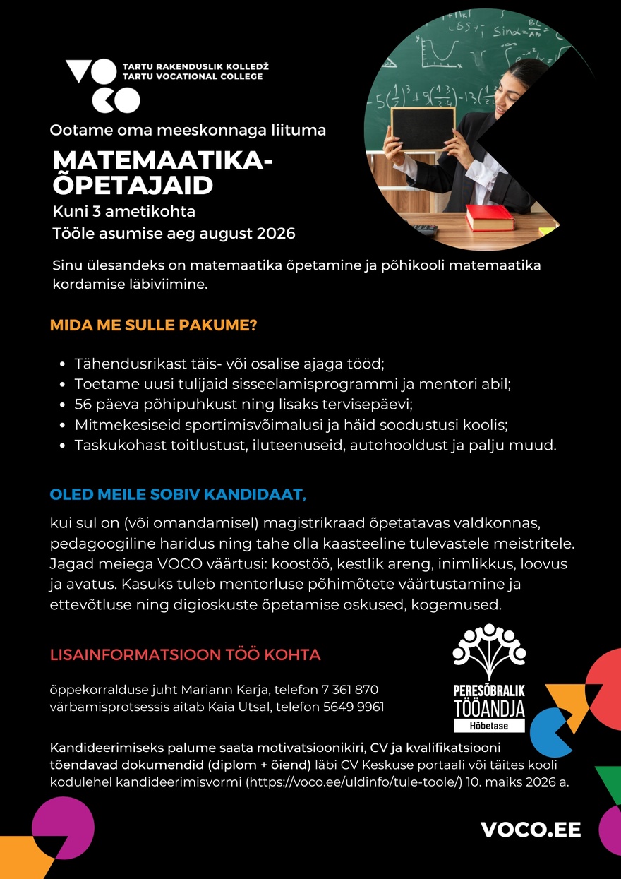 Tartu Rakenduslik Kolledž Matemaatikaõpetaja