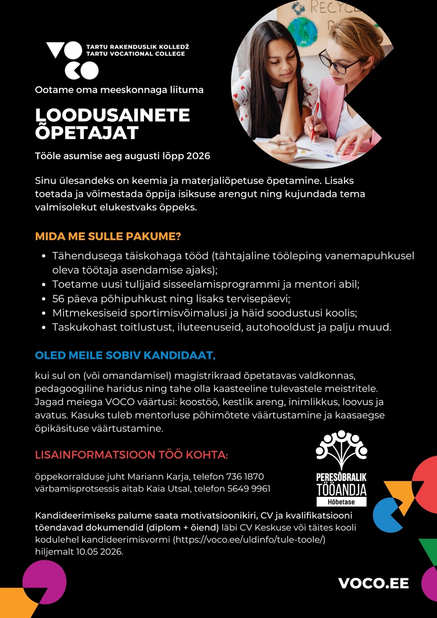 Tartu Rakenduslik Kolledž Loodusainete õpetaja (keemia ja materjaliõpetus)