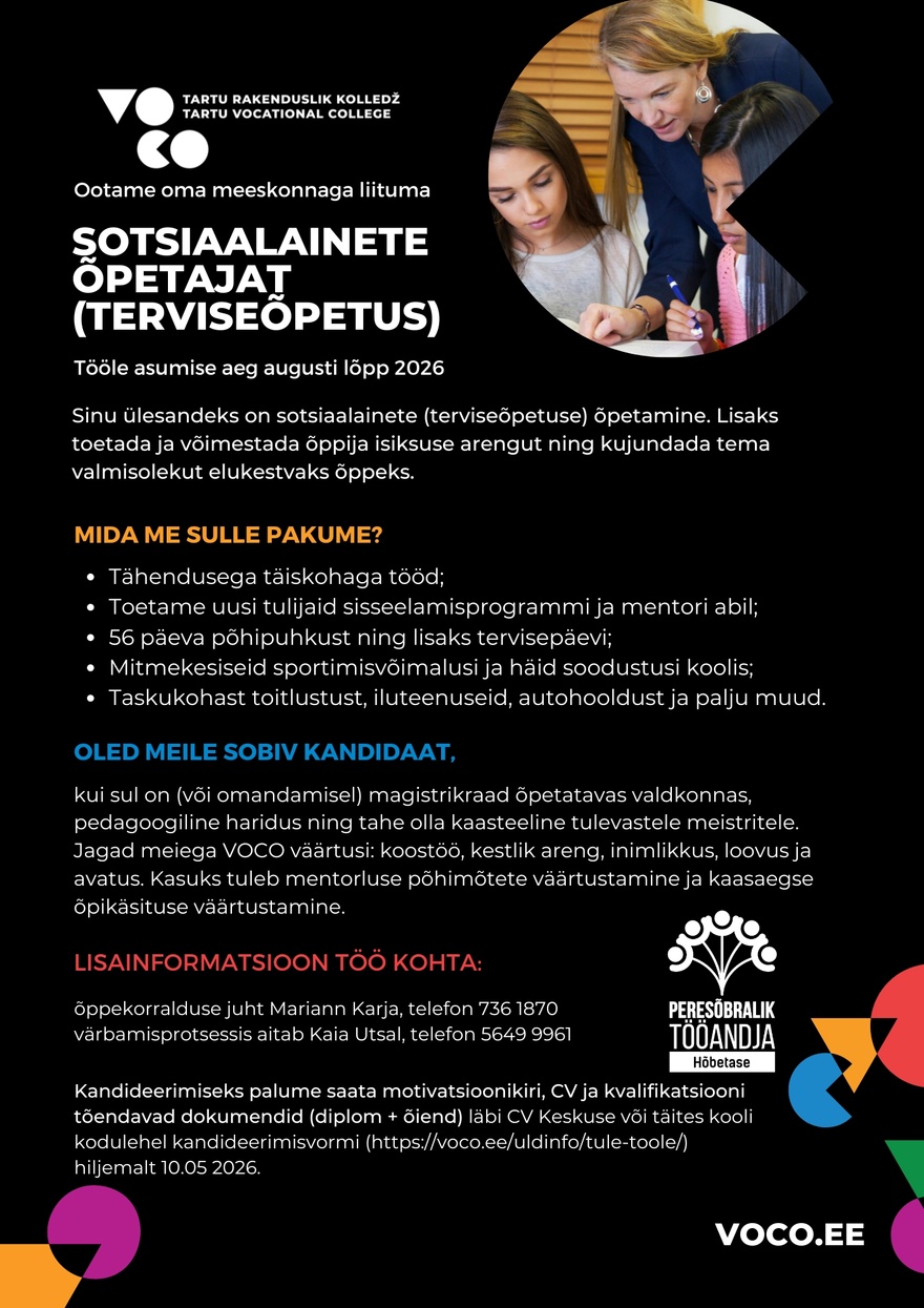 Tartu Rakenduslik Kolledž Sotsiaalainete õpetaja (terviseõpetus)