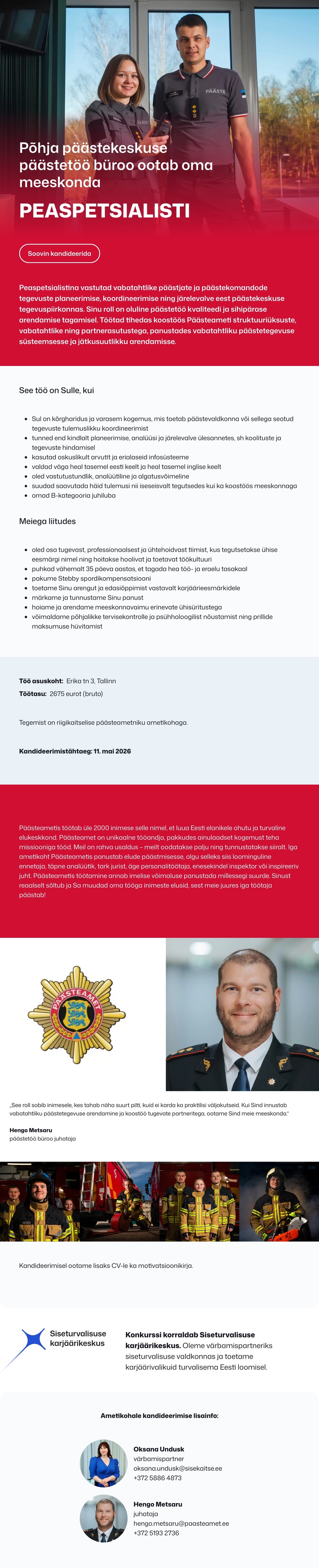 Siseturvalisuse karjäärikeskus Päästetöö büroo peaspetsialist