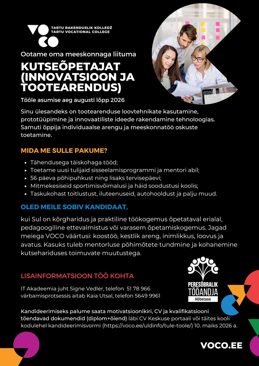 Tartu Rakenduslik Kolledž Kutseõpetaja (innovatsioon ja tootearendus)