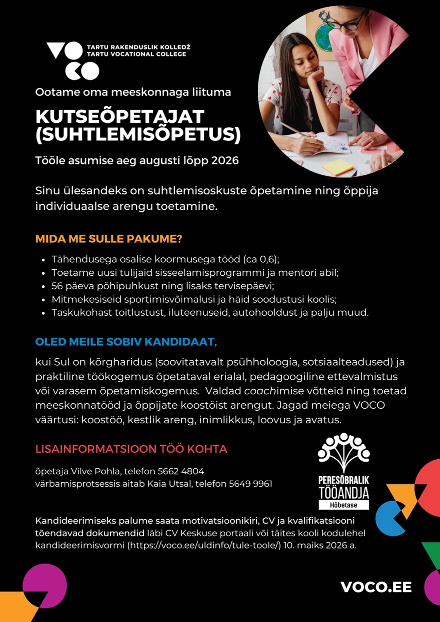 Tartu Rakenduslik Kolledž Kutseõpetaja (suhtlemisõpetus)