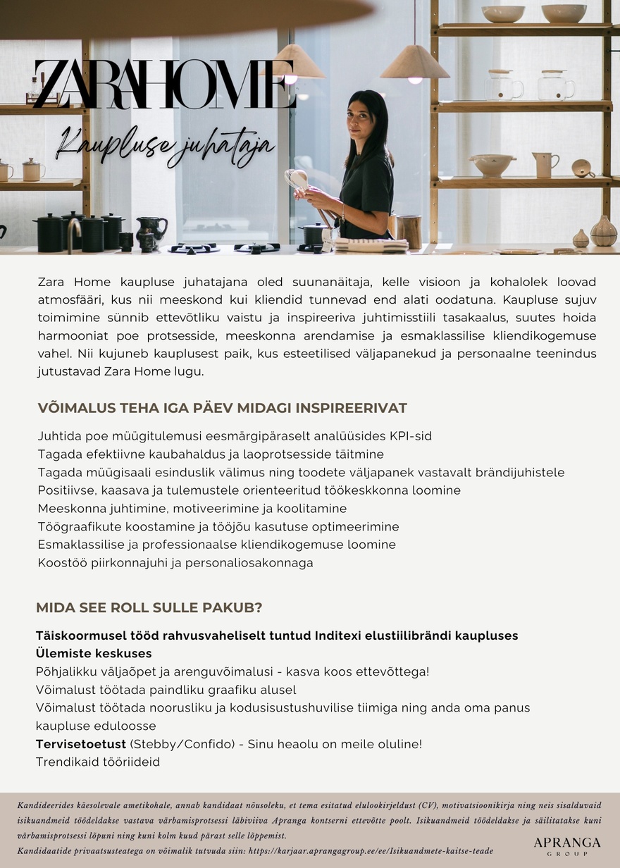 Apranga OÜ Zara Home kaupluse juhataja