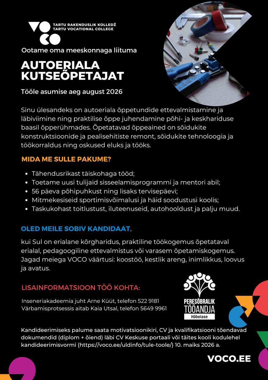 Tartu Rakenduslik Kolledž Autoeriala kutseõpetaja