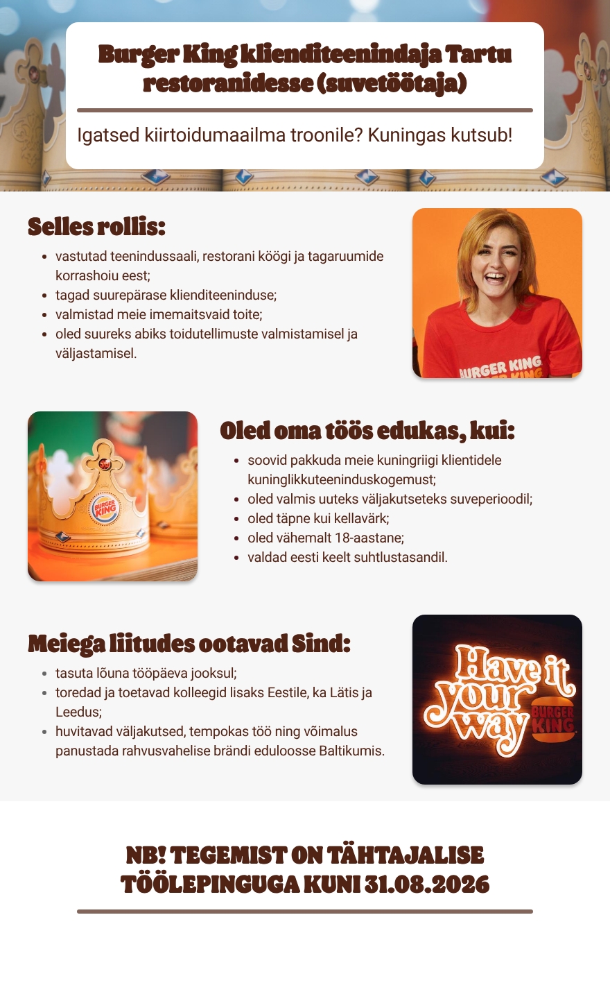 Tallink Grupp AS Burger King Tartu restoranide suvetöötaja