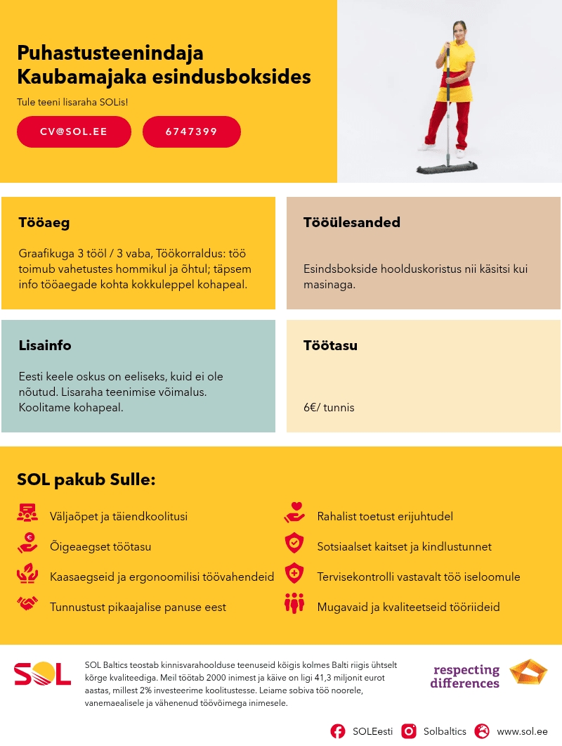 SOL Baltics OÜ Puhastusteenindaja Kaubamajaka esindusboksides