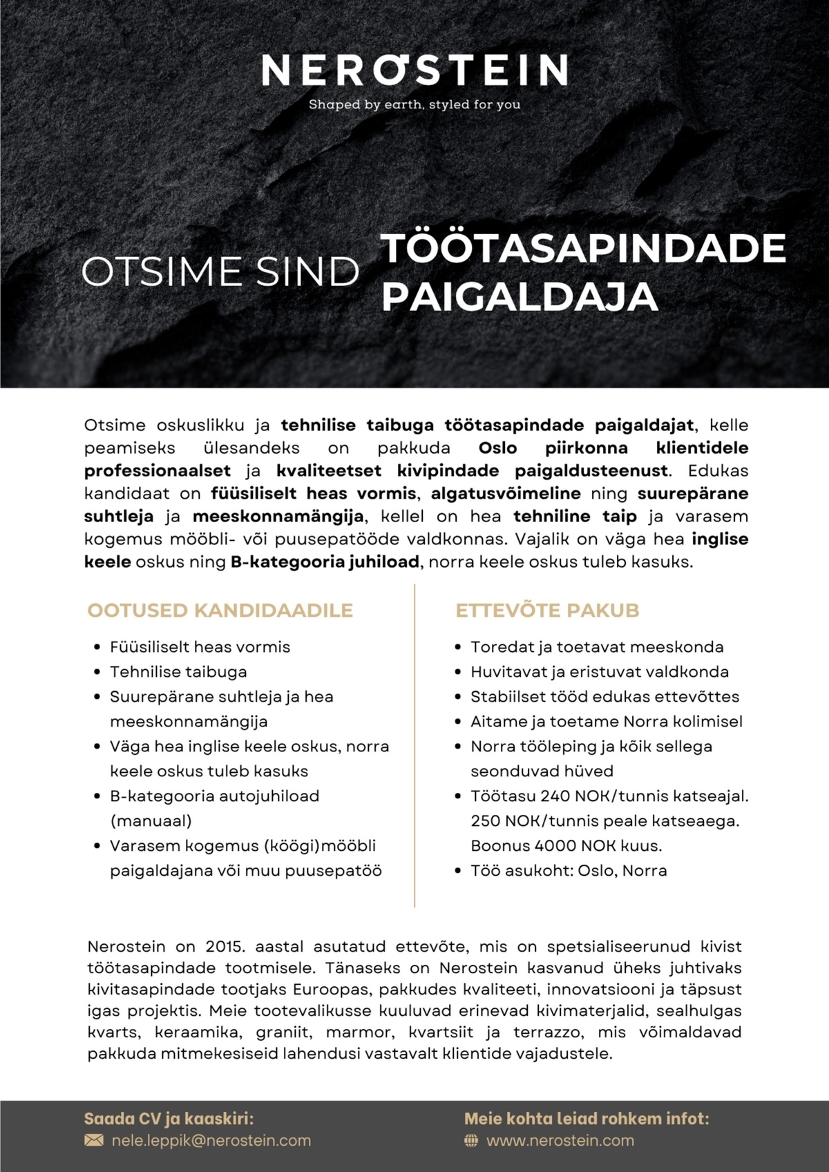 NEROSTEIN OÜ Otsime Sind Norra töötasapindade paigaldajaks