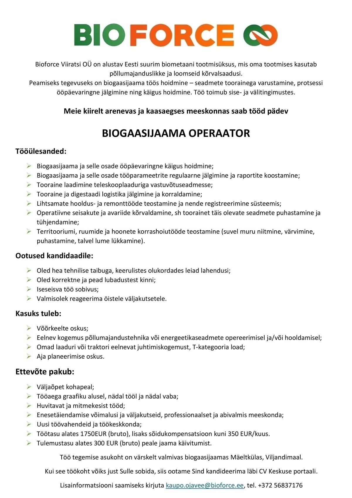 Bioforce Viiratsi OÜ BIOGAASIJAAMA OPERAATOR