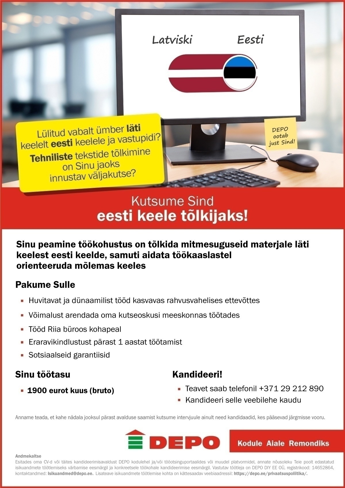 DEPO DIY EE OÜ Kutsume Sind tööle Riia büroosse eesti keele tõlkijaks