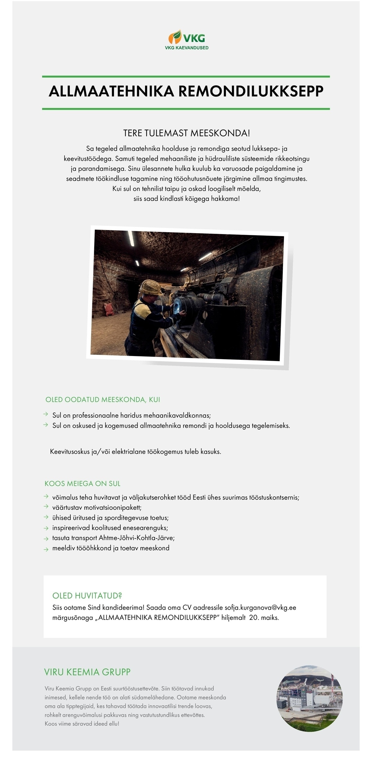 Viru Keemia Grupp AS ALLMAATEHNIKA REMONDILUKKSEPP / СЛЕСАРЬ ПО РЕМОНТУ ПОДЗЕМНОЙ ТЕХНИКИ