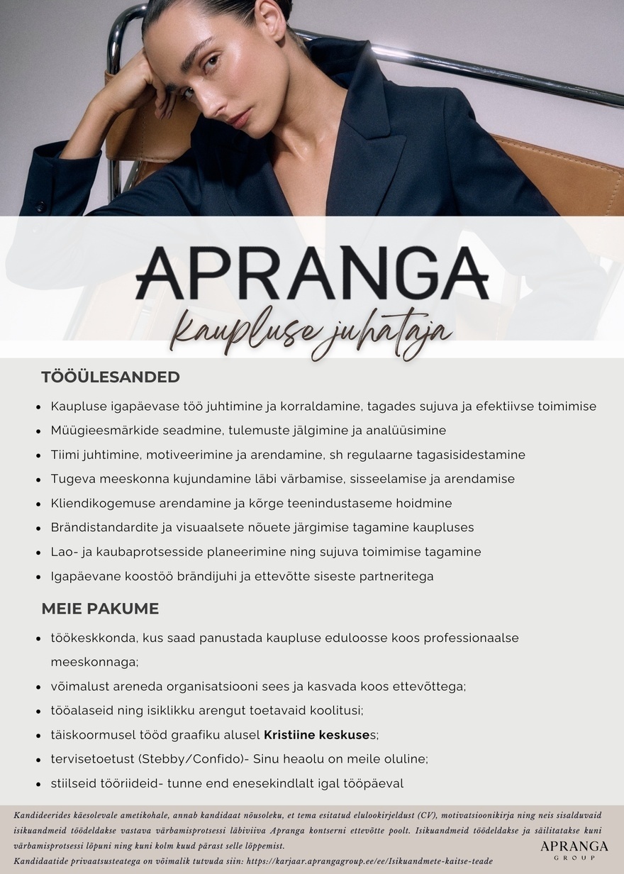 Apranga OÜ APRANGA Kristiine kaupluse juhataja