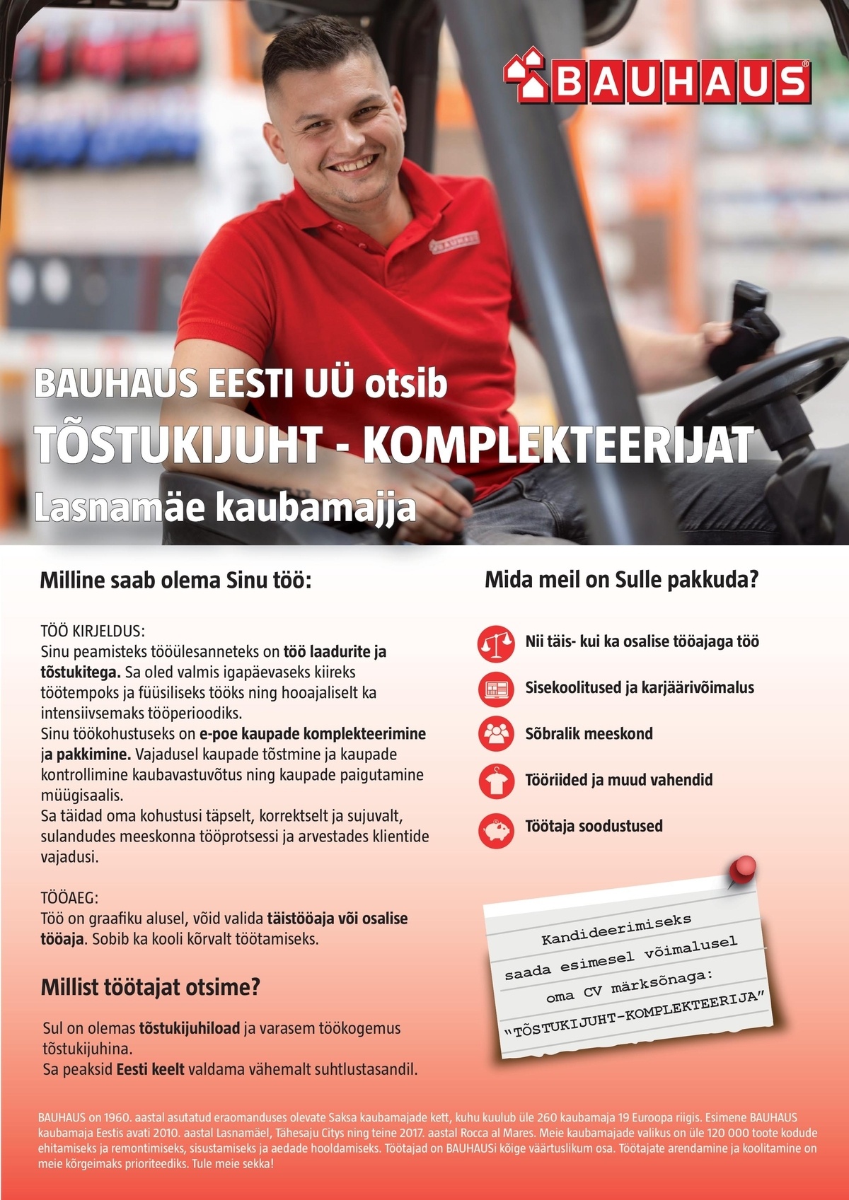 BAUHAUS EESTI UÜ TÕSTUKIJUHT-KOMPLEKTEERIJA Lasnamäe kaubamajja
