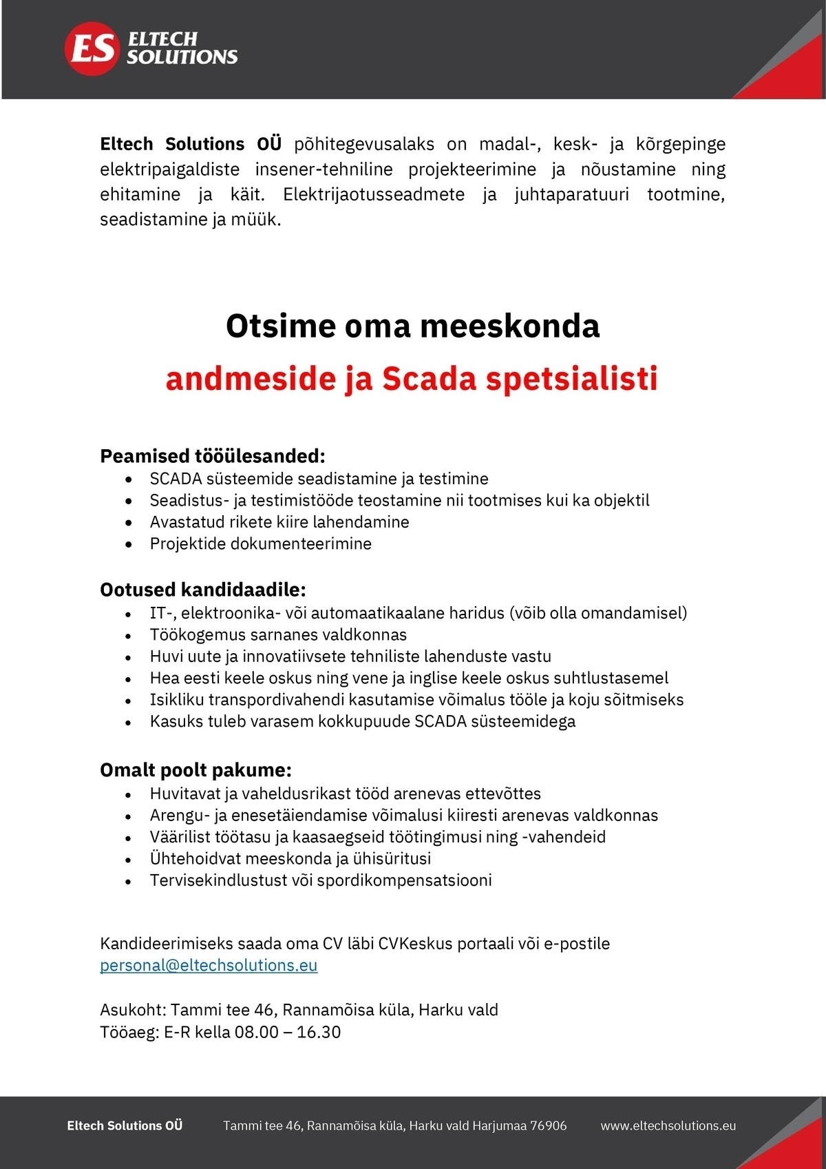 Eltech Solutions OÜ Andmeside ja Scada spetsialist