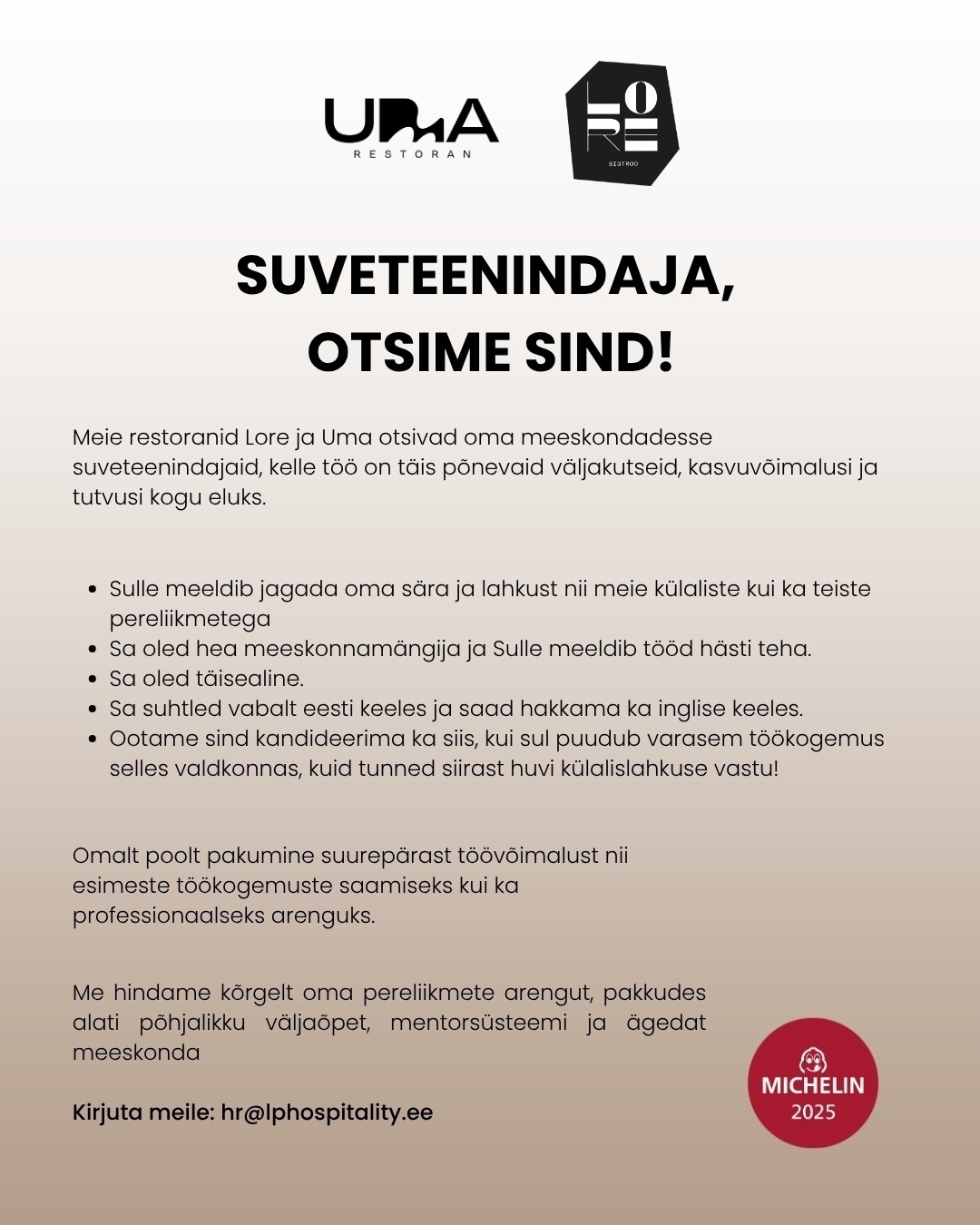 LP Hospitality LP Hospitality otsib suveteenindajat!
