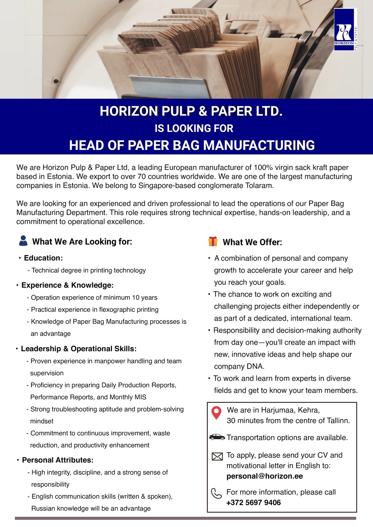 Horizon Tselluloosi ja Paberi AS HEAD OF PAPER BAG MANUFACTURING