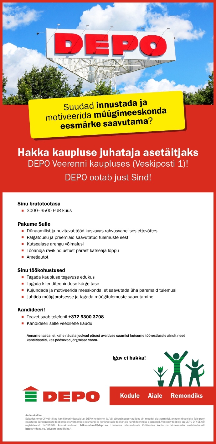 DEPO DIY EE OÜ Kaupluse juhataja asetäitja, Veerenni (Veskiposti 1)