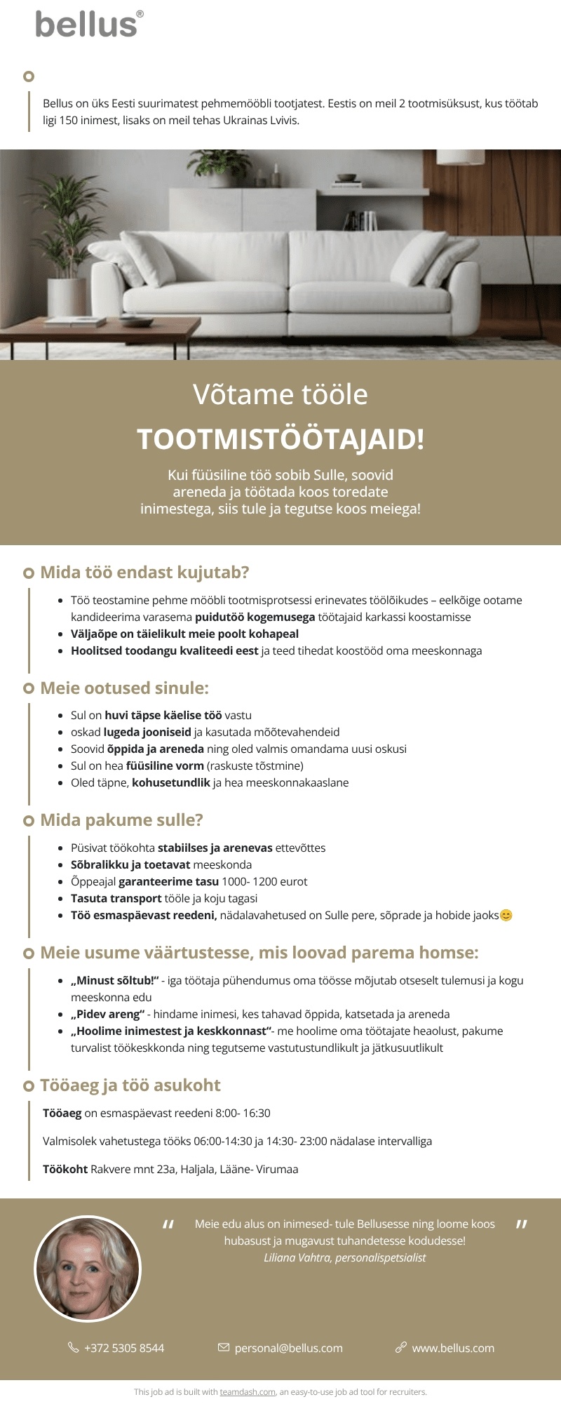 Bellus Furniture OÜ TOOTMISTÖÖTAJA