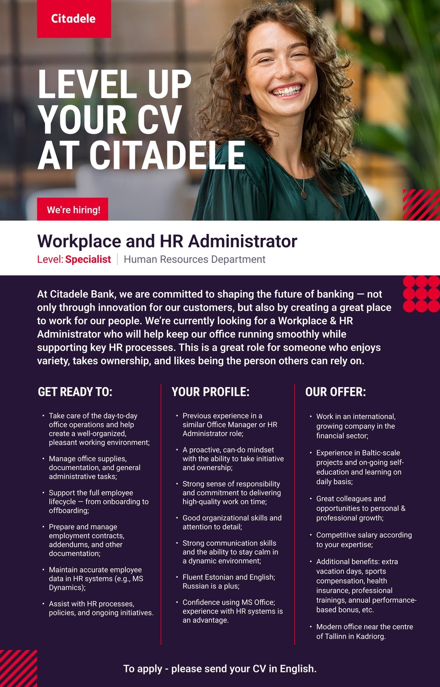AS CITADELE BANKA EESTI FILIAAL Workplace and HR Administrator