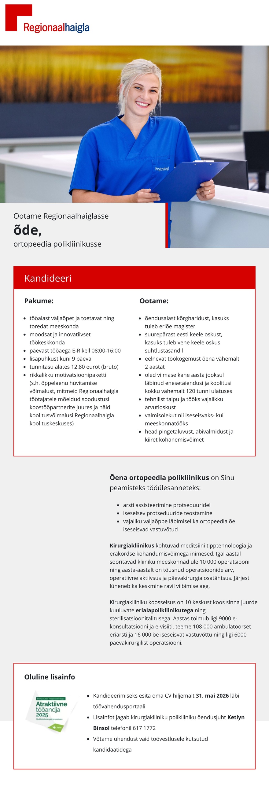 Põhja-Eesti Regionaalhaigla Õde ortopeedia polikliinikusse