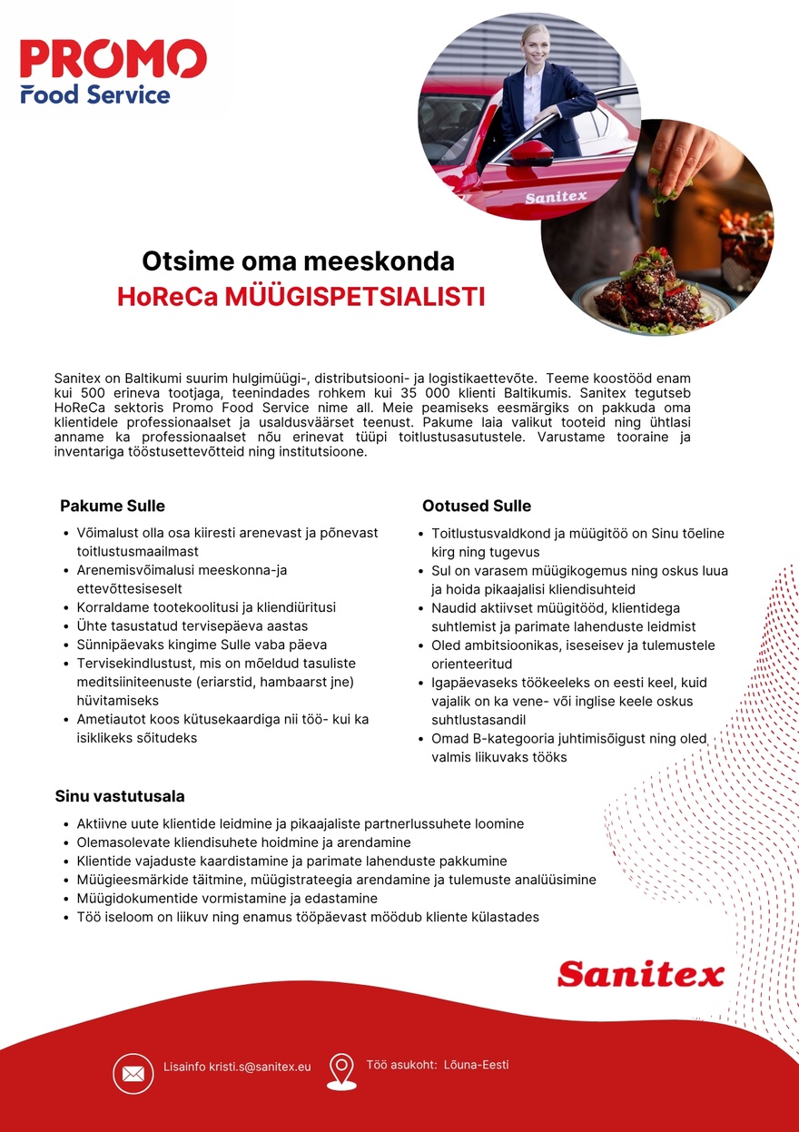 Sanitex OÜ HoReCa müügispetsialist Lõuna-Eestis