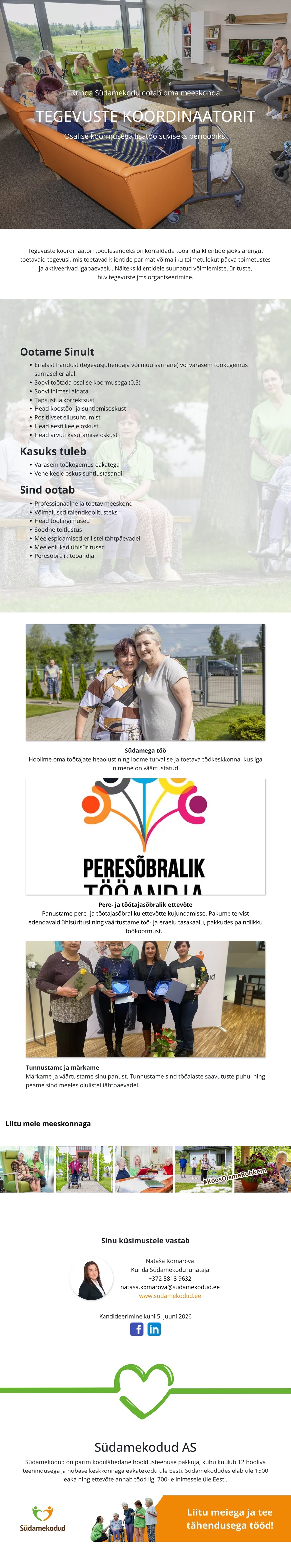 Kunda Südamekodu Tegevuste koordinaator Kunda Südamekodusse (hooajaline töö)