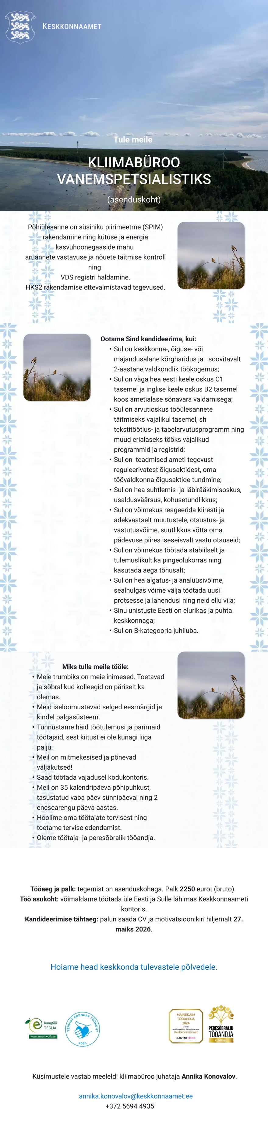 Keskkonnaamet Kliima- ja kiirgusosakond kliimabüroo vanemspetsialist