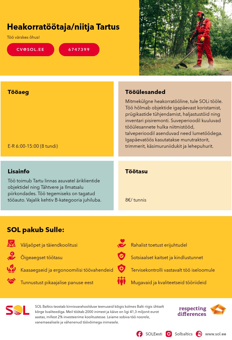 SOL Baltics OÜ Heakorratöötaja/niitja Tartus