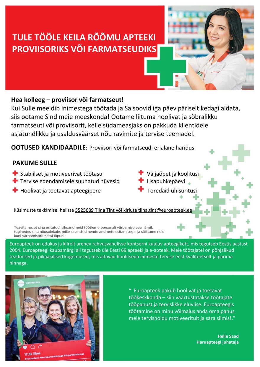 Euroapteek OÜ Proviisor või farmatseut Keila Rõõmu Apteeki