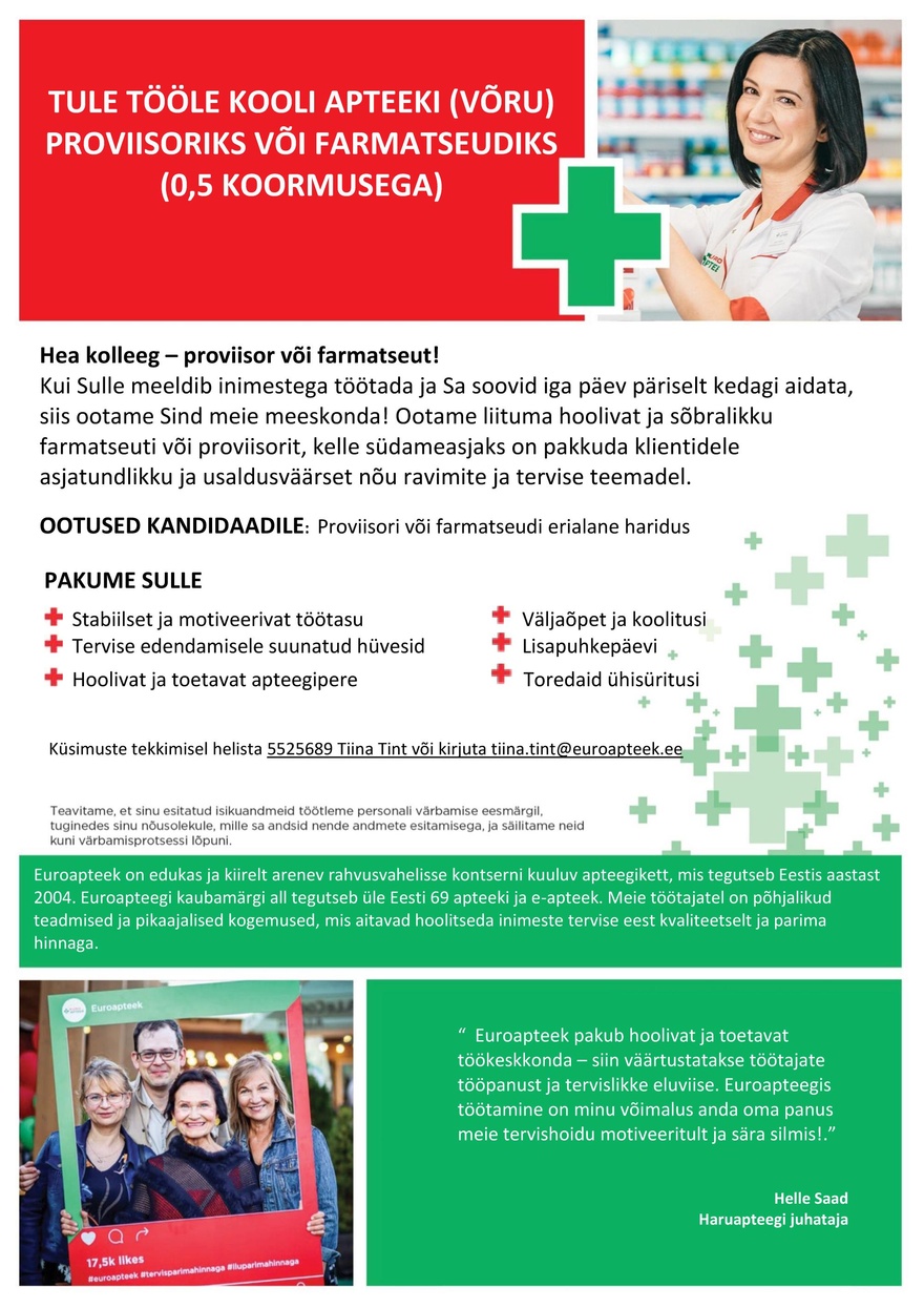 Euroapteek OÜ Võru Kooli apteegi proviisor või farmatseut