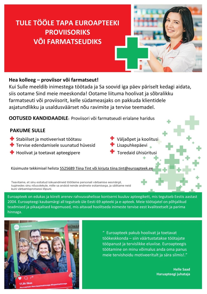 Euroapteek OÜ Tapa Euroapteegi proviisor või farmatseut