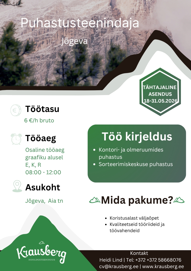 Krausberg Eesti OÜ Puhastusteenindaja, Jõgeva (tähtajaline)