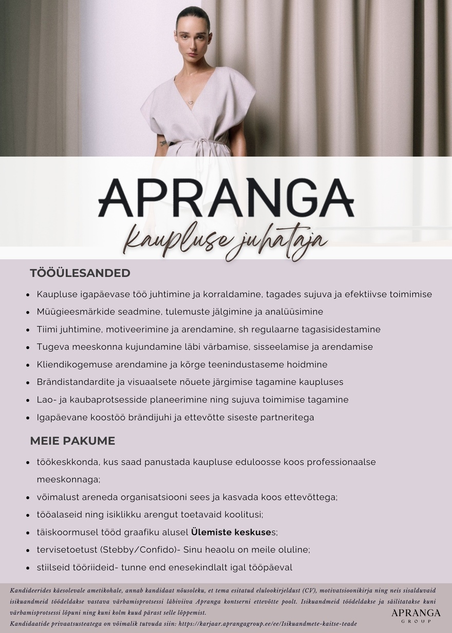 Apranga OÜ APRANGA Ülemiste kaupluse juhataja