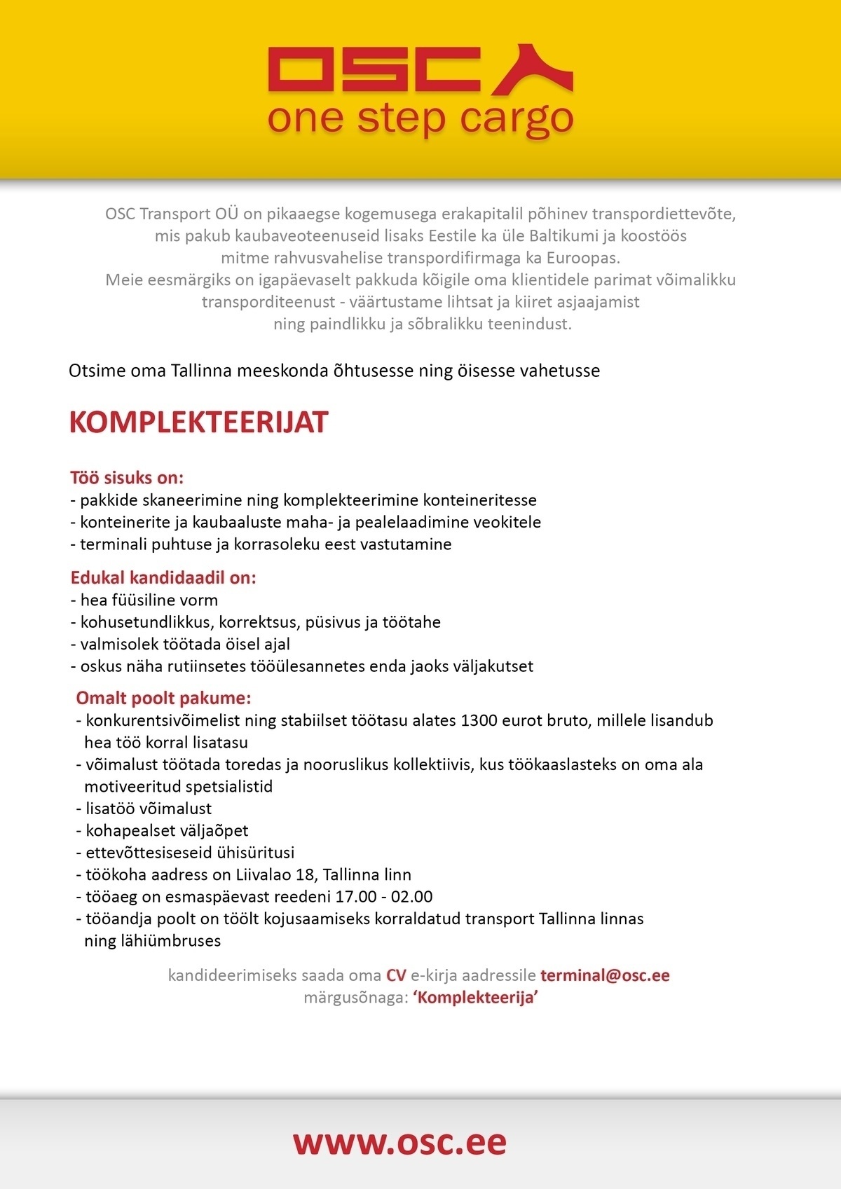 OSC TRANSPORT OÜ Laotöötaja/komplekteerija